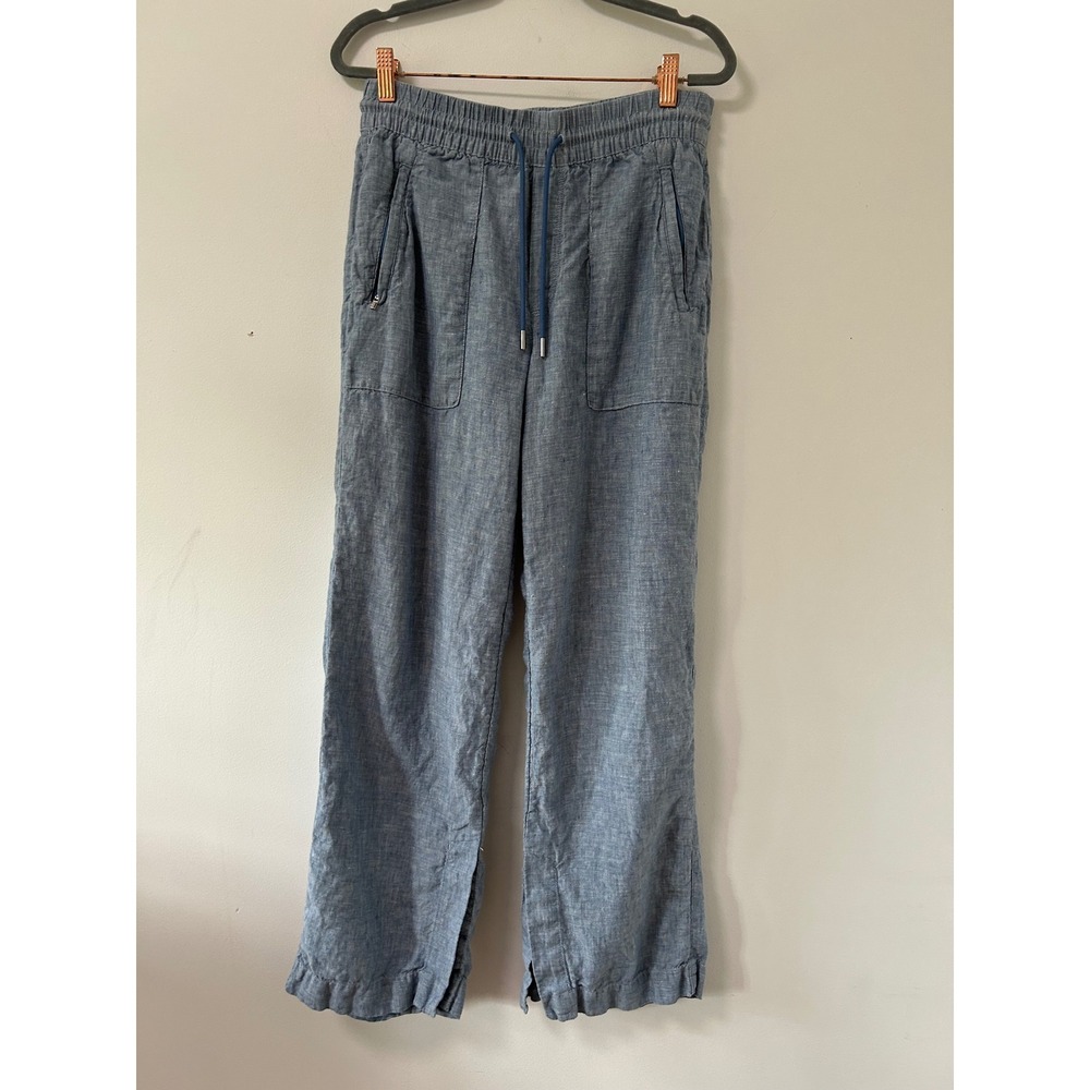 Athleta Cabo Linen Wide Leg Slit Hem Pants Women 4 Blue Coastal Drawstring